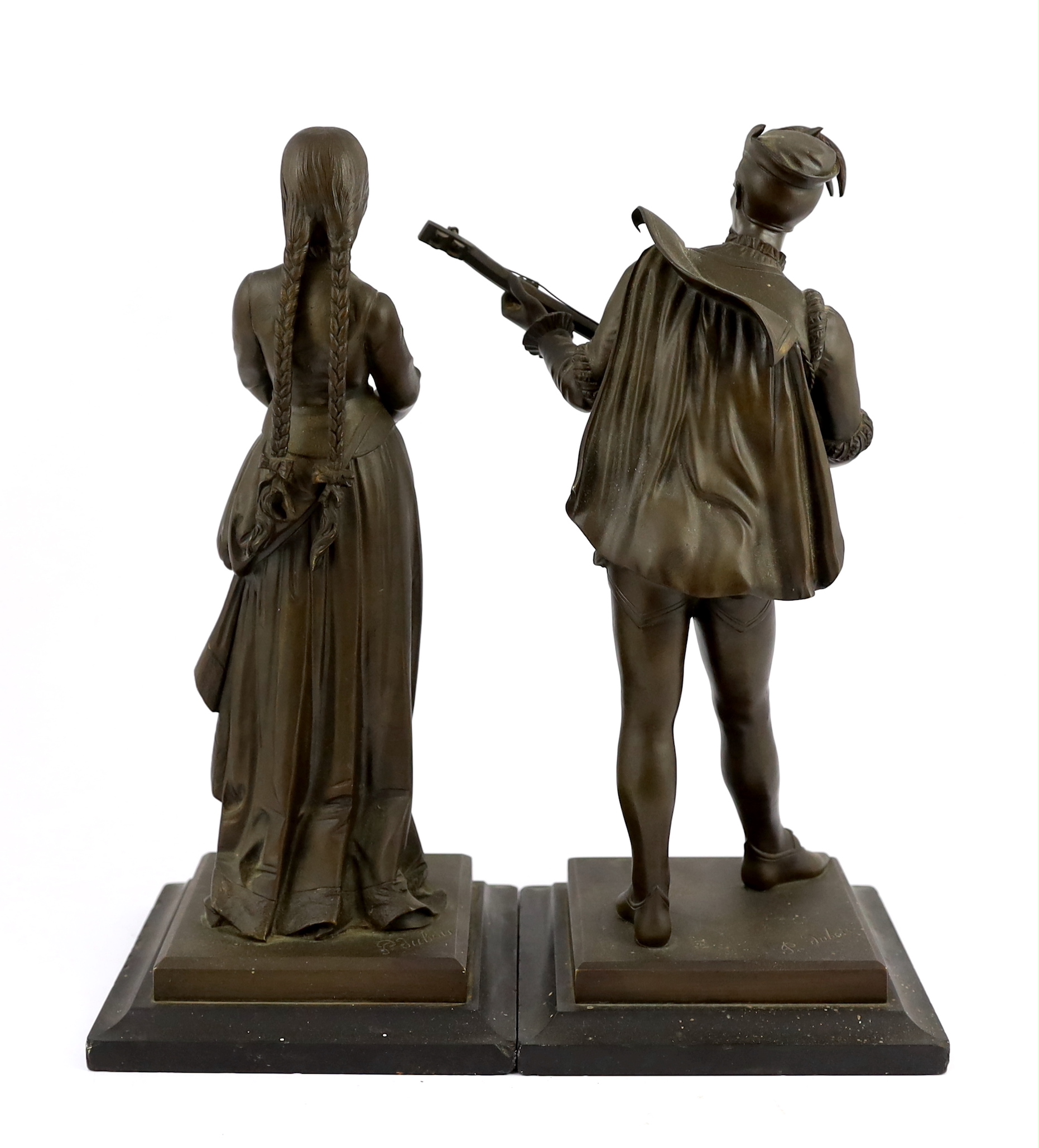 Paul Dubois (French, 1829-1905). A pair of bronze figures of a Medieval maiden and a troubadour 34cm high